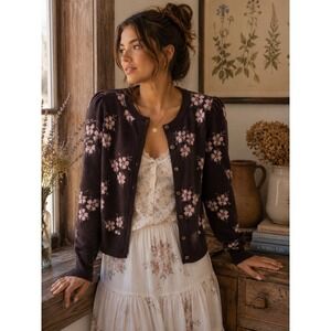 Forward Young Contemporary Brown Floral Puff Sleeve Button Cardigan Sweater M